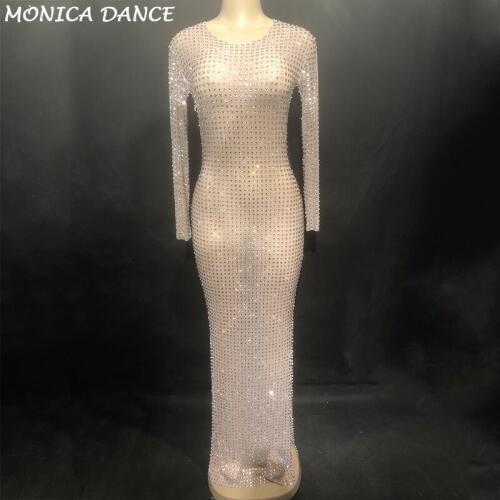 Women Sexy Stage Bling Long Dress High Grade Net Yarn Full Glass Sparkling Crystals Nightclub Party Dancer Singer Stage Wear