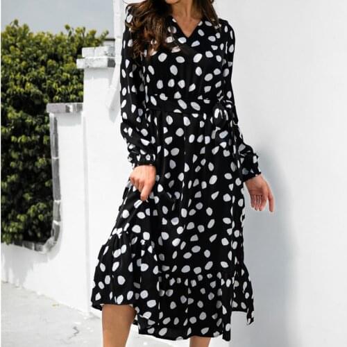 Women Dot Wave Print Dress 2021 Summer Fashion Long Sleeve Casual Dress Vintage Women Beath Sundress