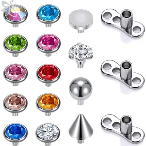 ZS 14/15pcs Micro Dermal Piercing Set Titanium CZ Crystal Dermal Anchor Surface Piercings Top Skin Diver Bases Sexy Body Jewelry