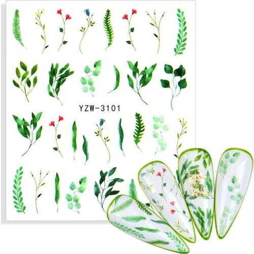 1 Sheet Water Nail Decal and Sticker Flower Leaf Tree Green Simple Winter Slider for Manicure Nail Art Watermark Tattoos Wraps