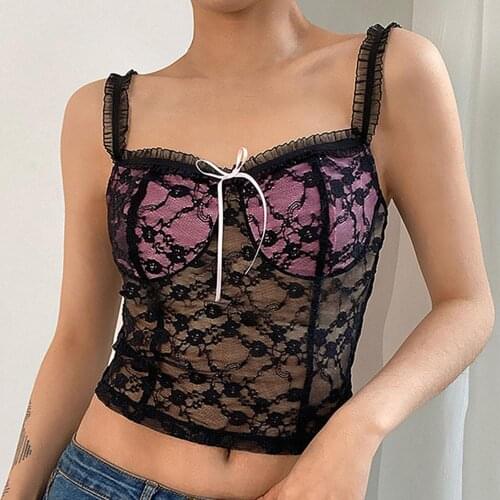 2021 Summer Female Baby Tee Bustier Sexy Women Bowknot Lace Sleeveless Crop Top See Through Mesh Floral Lace Slim Camisole Vest