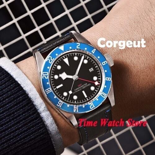 Corgeut 41mm GMT 5ATM automatic mens watch dual time zone black strile dial luminous sapphire glass water resistance