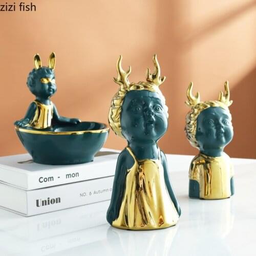 Home Decoration Green Ceramics Antlers Girl Desktop Ornaments Two-piece Suit Vase Crafts Living Room Groceries Key Storage Box