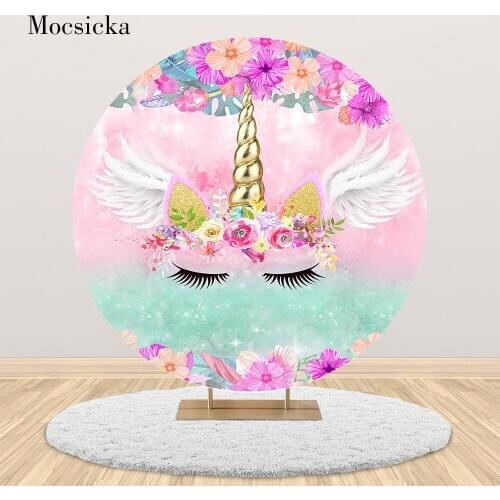 Unicorn birthday backdrop Rainbow Colorful Unicorn theme party decoration purple unicorn round photo background studio custom