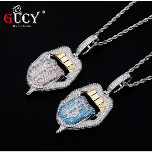 GUCY Mouth and $ Pendant AAA Bling Cubic Zircon Mens Hip Hop Necklace Chain Rock Jewelry For Gift