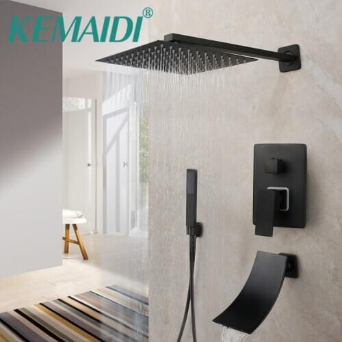 KEMAIDI Matte Black Bathtub Shower Faucet Rainfall Tub LED Bathroom Rain Square Shower Head Waterfall Shower Mixer Set