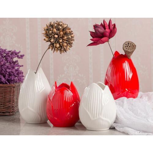 Ceramic Lotus vase red white Ceramic vases Tabletop porcelain flower vase wedding home decoration accessories modern