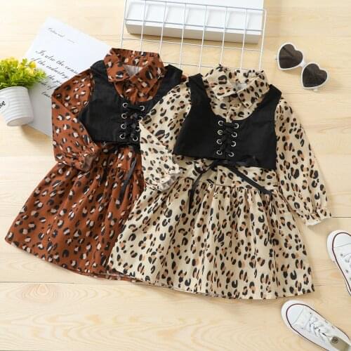 Girls Clothes Set New Kids Clothes Suit Children Clothes Leopard Long Sleeve Shirt Dress+vest Fashion Girls Clothing Sets