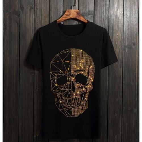 Summer Top Mens Skulls Rhinestones Skull t Shirt Modal Cotton O Neck Short Sleeve Slim Tee Shirt