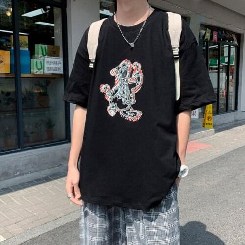 2021summer Loose Casual Mens T-shirt boy student duck Cartoon anime print Round neck Short sleeve top Minimalist style