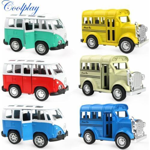 6 Types Alloy Mini Car Model with Light Sound High Simulation Diecast Pull Back Vehicle School Bus Toys Opened Door for Children