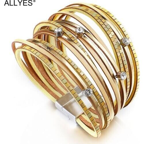 ALLYES Multilayer Genuine Leather Bracelet Unisex Rhinstone Boho Champagne Wrap Bracelets Fashion Jewelry for Women