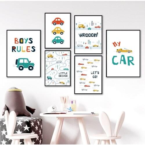Boys Rules Cartoon Car Poster Canvas Painting Little Driver Nursery Wall Art Print Posters Nordic Wall Pictures Kids Room Decor