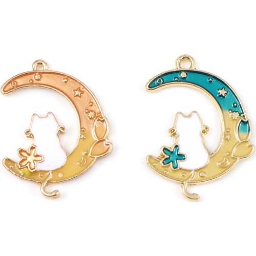 Fashion Galaxy Charms Half Moon Gold Color Metal Multicolor Cat Enamel Pendants DIY Making Earrings Jewelry 28mm x 20mm,10PCs