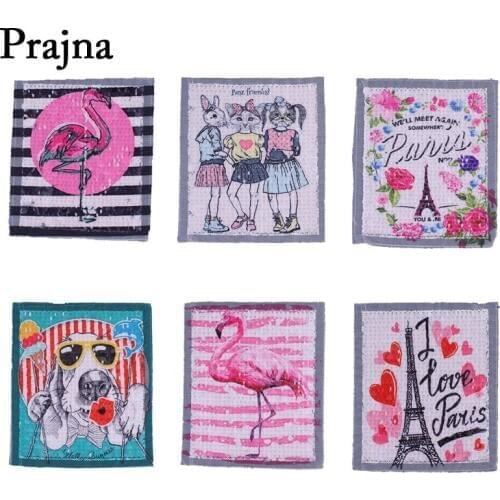 Prajna Flamingo Sequin Sewing Patch Cartoon Dog Embroidered Sewing On Clothes Patches T-Shirt Badge Decor Appliques Parches E
