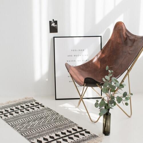 Retro Style Hand Made Tassel Carpet Geometric Pattern Cotton Linen Bedside Rug Floor Mat Living Room Bedroom Carpet Home Decor