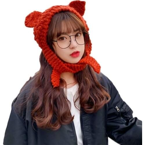 Women Cute Cat Ears Knitted Skullies Beanie Hat Bright Solid Color Chunky Crochet Warm Harajuku Windproof Earflap Cap