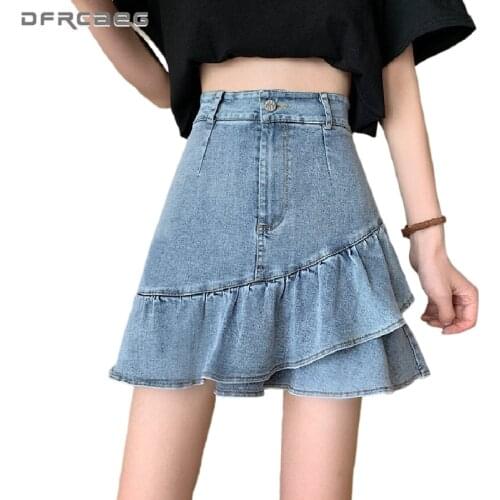 Blue Basic Womens Ruffles Mini Denim Skirt Summer 2020 High Waist Streetwear Ladies Short Jeans Skirts Mujer Femme