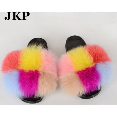 Women Slippers Real Fox Fur Slides Summer Stripe Non-Slip Slippers Cute Fluffy Plush Home Flat Sandals Shoes Ladies TX15