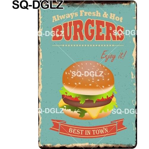 [SQ-DGLZ] Hot BURGERS Metal Sign Vintage Bar Decor Tin Sign Plaque Vintage Pub Bar Decor Metal Borden Art Poster Plate