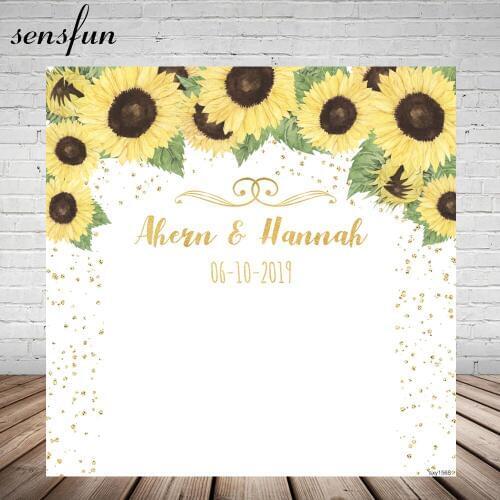 Sensfun Yellow Sunflower Wedding Backgrounds Gold Glitter Dots Custom Name Date Birthday Party Photography Backdrop 10x10ft
