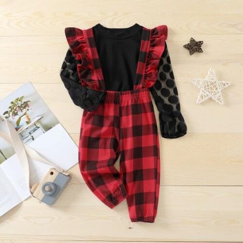 FOCUSNORM 0-4Y Lovely Baby Girls Clothes Sets 2pcs Polka Dot Lace Ruffles Sleeve Tops Plaid Printed Suspender Pants