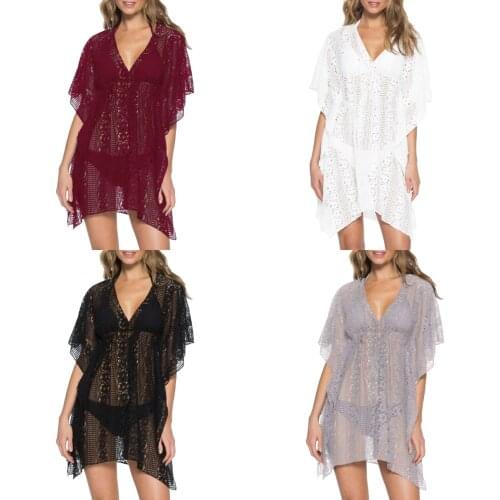 2021 New Women Sexy Beach Blouse Deep V-neck Hollow Short Sleeve Lace Hem Loose Style Tops Beach Stylish