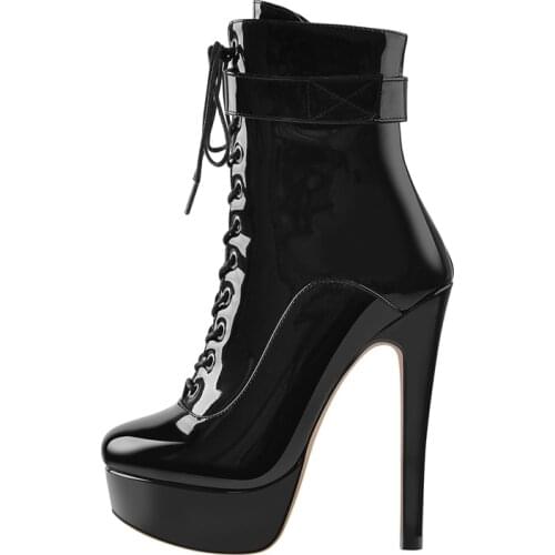 Onlymaker Womens Platform Round Toe Lace-up Ankle Bootie Shinning Patent Leather Stiletto High Heels Black Side Zipper Big Size