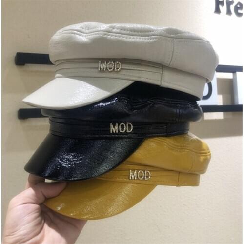 Womens Fall Winter PU Leather Military Captain Cap Newsboy Hats Flat Top Octagonal Hat Designer Luxury Letters Casquette Baker