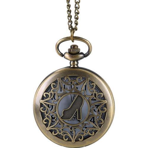 9027 Large Bronze Craved Flower Pattern Hollow Womens' high-heeled shoes Pocket Watch with waist chain