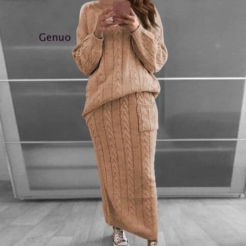 2020 Autumn Fashion Knitted 2 Piece Set Long Sleeve Sweater Solid Color Pullover Sweater and Elastic Waist Pencil Skirt Set