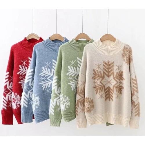 Kpytomoa Women Knitted Sweater Oversized Pullovers Autumn Winter Christmas snowflakes Loose Sweater Korean Jumper Sueter Mujer