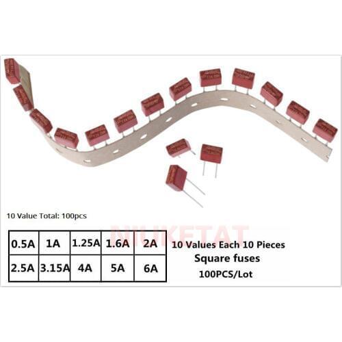 100pcs Square fuse for each 10pcs 0.5A/1A/1.25A/1.6A/2A/2.5A/3.15A/4A/5A/6.3A 250V 392 Square plastic fuse LCD TV power board