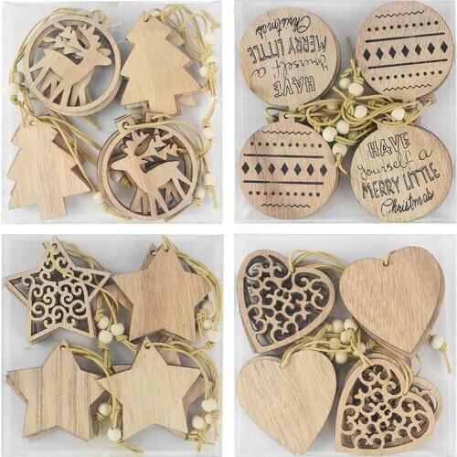 12pcs/lot Wooden Snowflakes Star Heart Deer Pendants Xmas Tree Hanging Ornaments Wood Pendant Merry Christmas Home Decoration