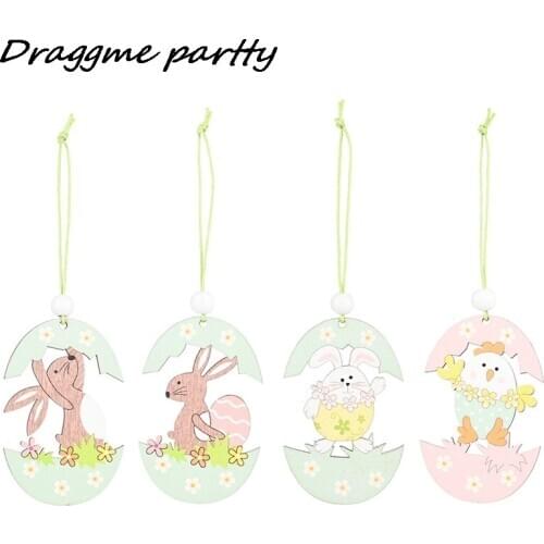 2pc Happy Easter Wooden Pendant Easter Bunny Eggshell Chick Wooden Small Pendant Craft Decoration Ornaments