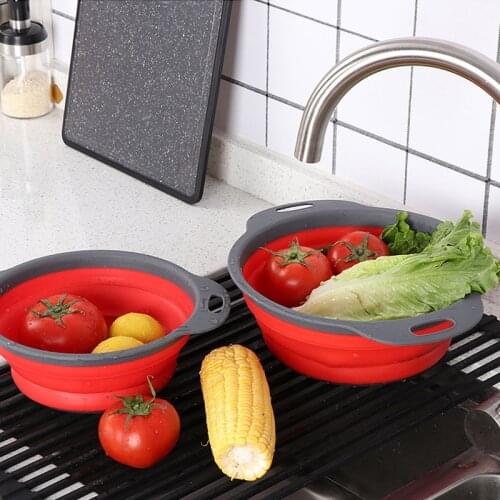 2pcs / set kitchen tools foldable silicone colander fruit and vegetable washing basket filter drainer packing box net