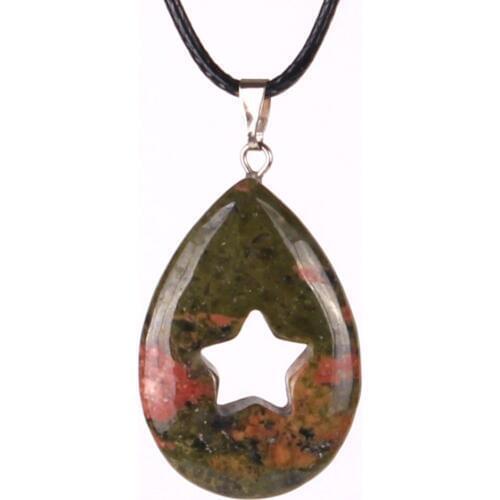 24pcs Tears Drop Hollow Pentagram Shape Pagan Healing Charm Beads Tiger Rubys Fuchsite Quartz Stone Pendants Jewelry Making Free