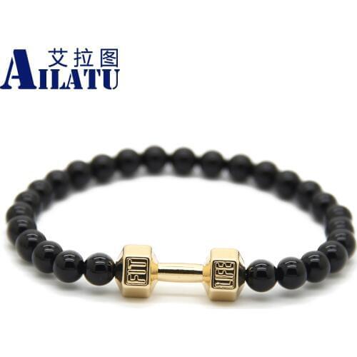 Ailatu Retail Mens Fashion Energy GYM Barbell Jewelry 6 mm Black Glass Stone with Alloy Metal Dumbbell Bracelet
