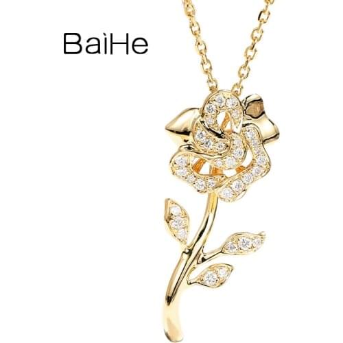 BAIHE Solid 18K Yellow/Rose/White Gold Natural Diamonds Yellow Sapphire Rose Flower Necklace Women Wedding Gift New Fine Jewelry