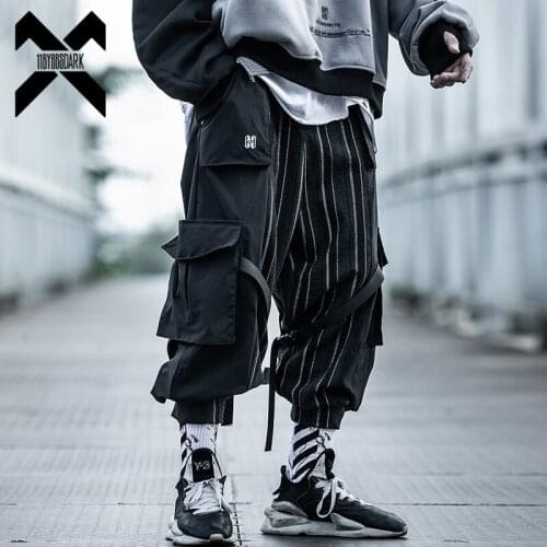 11 BYBBS DARK Tactical Functional Cargo Pants Joggers Men Striped Patchwork Trousers Ribbons Hip Hop Streetwear Pant WB334
