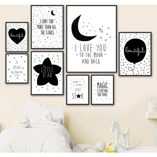 Black White Star Moon Balloon Rocket Cartoon Wall Art Canvas Painting Nordic Posters And Prints Wall Pictures Kids Room Decor