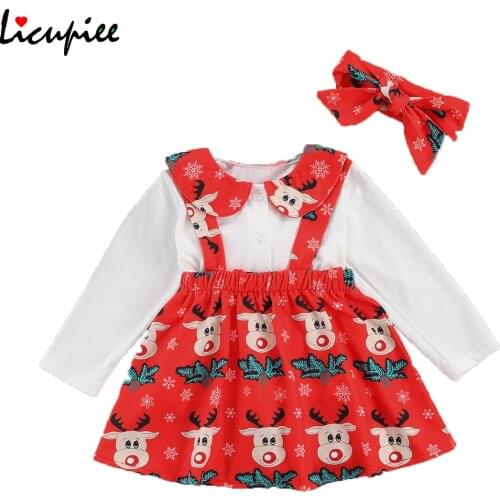 3pcs Children Christmas Outfits Lapel Long-sleeves Top + Cartoon Printed Suspenders Skirt + Hairband Suit Little Girls 1-6 Year