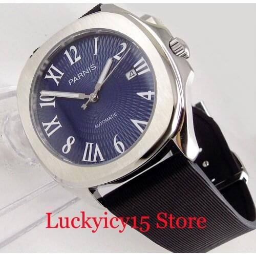 PARNIS Dress Classic 40mm Square Automatic Mens Watch MINGZHU Auto Movement Date Window Blue Dial Sapphrir Crystal