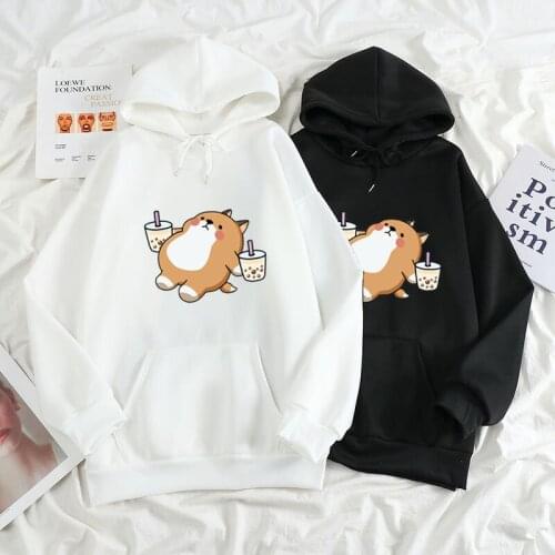 Print Shiba Inu Drinking Milk Tea Cute Kawaii Kobiety Sweetshirts Long Sleeve Autumn Winter Fleece Thick Warm Pullovers Haut