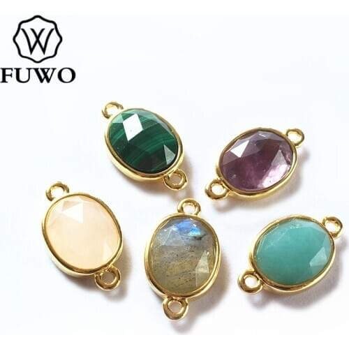 FUWO Tiny Oval Charm 12mm Natural Malachite Labradorite Amethysts Pink Quartz Sunstone Pyrite Connector for Jewelry Making PD299