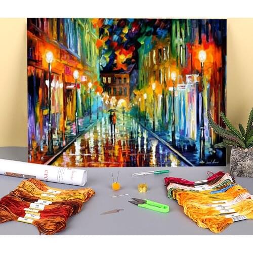 Romantic Evening Printed Water-Soluble Canvas 11CT Cross Stitch Complete Kit DIY Embroidery DMC Threads Sewing Stamped