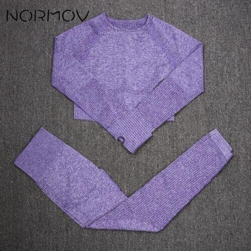 NORMOV Women Seamless Long Sleeve Yoga Set Fitness Sports Suits Gym Clothing High Waist Running Leggings Workout Pants Shirts