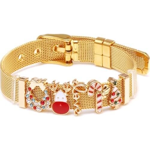 New Arrival 10mm Gold Color Santa Claus Beads Fit Brand Stainless Steel Mesh Bracelets For Women Kids Christmas Gift