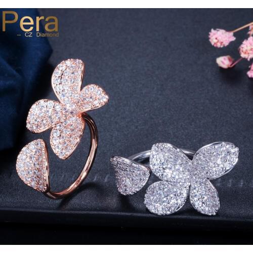 Pera New Fashion Open Cuff Design Big Flower Leaf Shape AAA+ Cubic Zirconia Stone Pave Elegant Women Finger Rings Jewelry R067