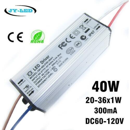 2pcs 40W LED Driver 300mA DC60-120V 20-36x1W Waterproof IP67 Constant Current Aluminum High Power LED Power Supply